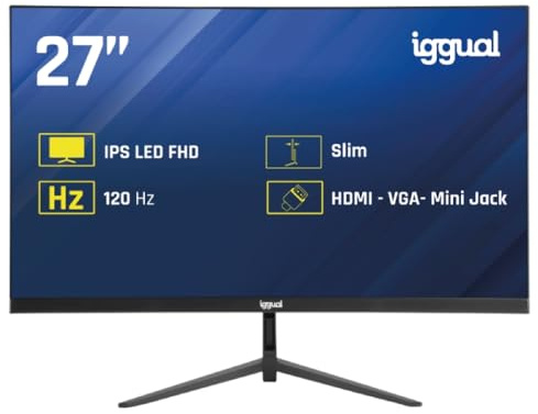 iggual – Monitor Full HD de 27 Pulgadas, Pantalla LED con Panel IPS, Monitor con Marco Ultra Fino 1920x1080 (FHD), 120 Hz y Tiempo de Respuesta de 1ms, Conexión VGA Estándar y HDMI