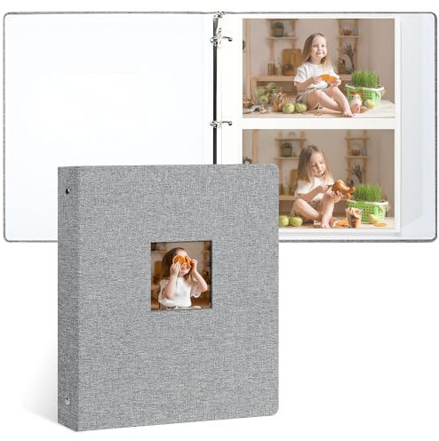 Vienrose Fotoalbum Selbstklebend, 3-Ring-Design, Leinendecke, 40 Blatt/80 Seiten, für Fotos 10x15, 13x18, 18x24 cm (Grau)