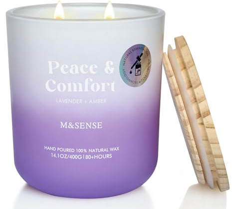 M&SENSE Lavender Amber Doftljus - 400g Giftfritt - 80 Timmar - Naturlig Sojavax - Aromaterapi för Spa & Yoga - Andlig Healing