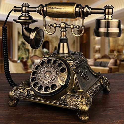 HPTHLY Classic Retro Telephone, Vintage Style Corded Phone, Home Office Landline Telephone, Old Fashioned Rotary Dial Desk Phone with Redial Function,Brass