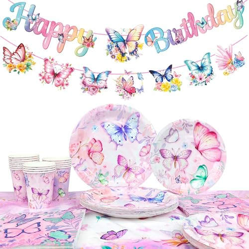 Generic Butterfly Birthday Party Supplies - Plates, Napkins, Cups, Tablecloth & Decorations Banner for Butterfly Theme Party Decor