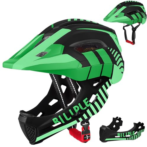 Kinderhelm, 2-In-1 Integriert Kinder Fahrradhelm mit Abnehmbarem Kinnschutz, Unisex 52-56cm Children's Helmet, Kindersport Schutzhelm zum Fahrräder Laufrad Roller Rollschuhe (Schwarz Grün)
