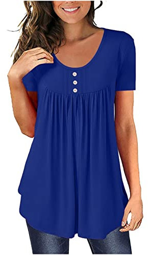 Damen Tshirt Casual Fashion, Sommerliches T-Shirt Mit Rundhalsausschnitt, Knopfleiste, Kurzärmligem Rundhalsausschnitt, Oberteile Elegant Schick, Bluse Leicht Und Luftig, Shirt Top Weich Bequem