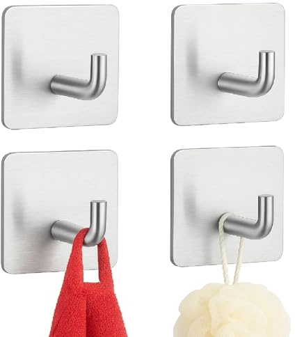 Hooks Stick On Wall Extra Strong 4-pack, Heavy Duty Door Hooks for Hanging Coat Towel Hats Keys in Bathroom Kitchen, Self Adhesive Stainless Steel Sticky Hook - Silver, No Nails & Strong Adhesive