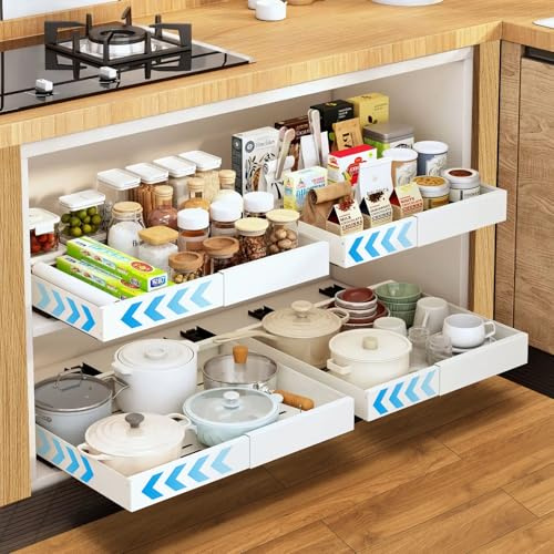 EOJDDPA 4 cajones telescópicos con sistema de rieles, cajones extensibles para cocina sin taladrar, ancho ajustable 32-52 cm, organizador universal de cocina, extraestable, resistente, color blanco
