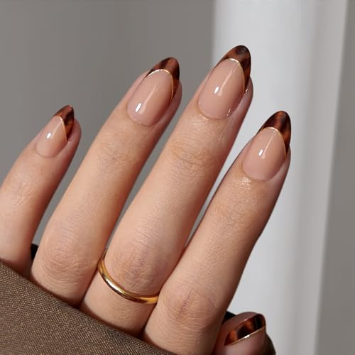 BTArtbox Press On Nails, Tortoise Shell, Short Almond, French Tip, 32Ct | Lamp-Curable 4-Week Wear, Salon-Quality Natural Nails, 10-Minute Easy Daily Application, 16 Sizes, All-in-One Complete Kit