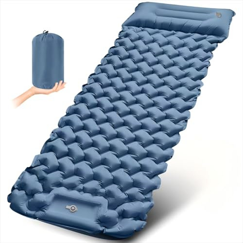 YAMAIDUO Materassino da Campeggio, Ultraleggero Portatile Singolo Materasso Autogonfiabile Impermeabile con Pompa a Pedale & Cuscino, Attrezzatura da Campeggio per Outdoor, Spiaggia, Escursioni, Blu