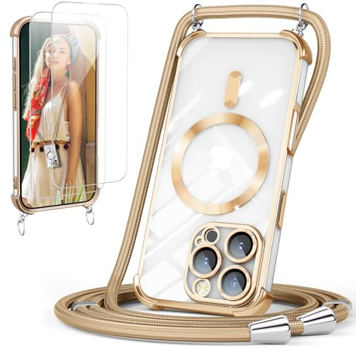 GOODVISH Handykette für iPhone 16 Pro Hülle mit Band Magnetisch, Gold | mit 2 Stück Schutzfolie, mit Kamera Schutz, Necklace Handyhülle mit kette für 16 Pro 6,3, Transparent 360° Schutz Case