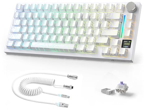 AJAZZ X ATTACK SHARK X820Ultra Tastiera Meccanica Wireless & Cavo Avvolto | 2.4G/BT/USB-C Cablato, Layout 75% 80 Tasti con Display TFT a Colori & Manopola CNC, RGB Hot-Swap, 4000mAh-Bianco/Gift Switch