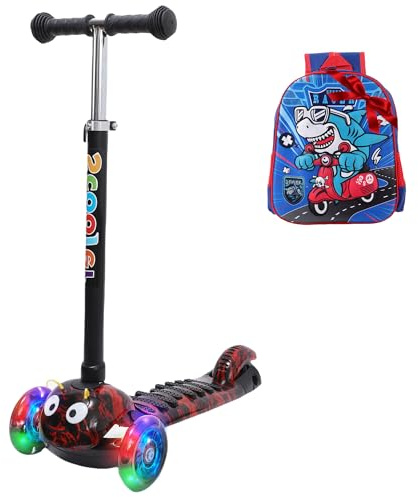 Habib Kinderroller Geschenkset – 3-Rad Scooter für Jungen & Mädchen 3-8 Jahre, mit leuchtendem 3D-LED-Rucksack, LED-Rädern, rutschfest & 4-Fach Höhenverstellung Max. 50 KG - Rot
