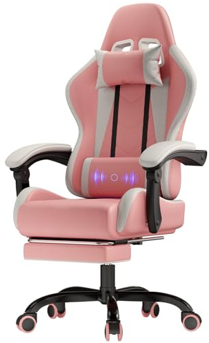 JUMMICO Gaming Stuhl Massage, Bürostuhl Ergonomisch Mit Massage-Lendenkissen, Gamer Stuhl verstellbare Rückenlehne 90-150°,und fußstütze, Gamingstuhl 150 kg belastbarkeit, rosa