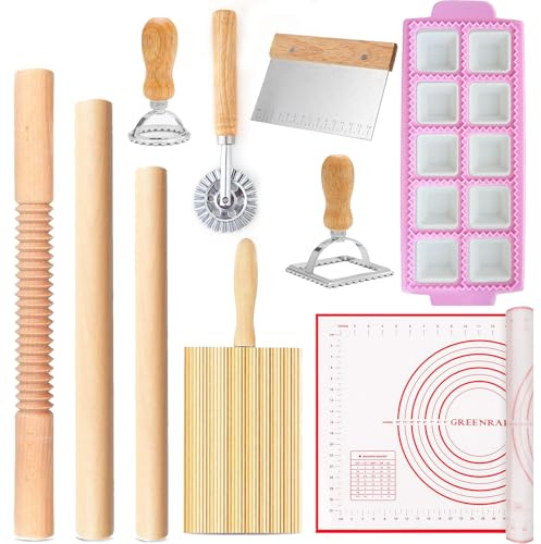Pasta Making Tools, 10 PCS Pasta Making Kit with 1 Ravioli Maker,3 Rolling Pins,1 Gnocchi Board,1 Ravioli Cutter, 2 Pasta Stamps,1 Dough Cutter, 1 Baking Mat, for Pasta Maker And Kitchen DIY Gift
