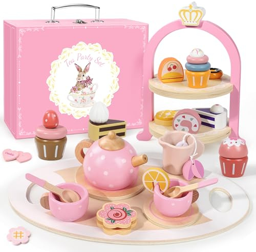 Tea Party Set for Little Girls, 49PCS Princess Tea Time Toys Including Tea Set Dessert Carrying Case, Kids Kitchen Pretend Playset, Tea Set for Girls Birthday Toddler Age 3-8 (Wooden Tea Party Set)