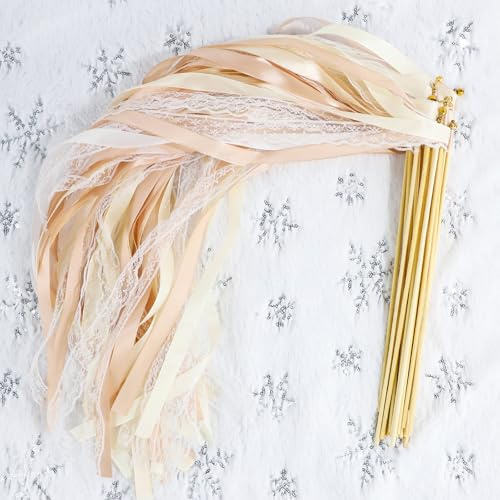 Holiwe 30 Stück Wedding Wands,Zauberstäbe Hochzeit Luftschlangen,Romantic Seidenfeenstab,Hochzeit Stäbe Mit Glöckchen für Hochzeiten Geburtstage Partys Feiertagsfeiern Verwendet (30 Stück Champagner)