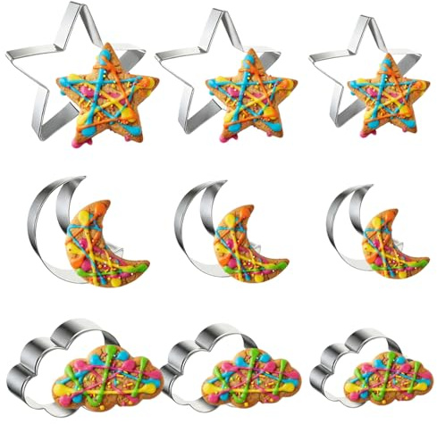 Star Moon Cloud Cookie Cutters Set, 9PCS Stainless Steel Biscuit Cutters, Dishwasher Safe Pastry Cutters for Baking, Ideal for Cookies Cakes Fondant Decorations, Kids Parties Holiday Treats Birthday