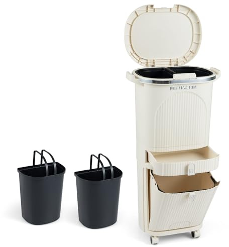 COSTWAY Poubelle Cuisine Double Compartiments en Plastique 42L, Poubelle Tri Selectif a Roulettes avec Tiroir, Seaux Amovibles 2 x 12L, Panier a Pédale 14L avec Poignée, pour Salle de Bain(Beige,42L)
