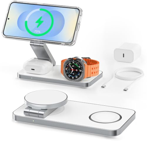 3 in 1 Wireless Charging Station for Samsung S26 Ultra/S26+/S26, Magnetic Charger Stand Compatible with Magsafe for Galaxy S25/S24/S23/Z Fold/Flip8 Series, Galaxy Watch Ultra/8/7/6/5, Buds Pro/4/3/2