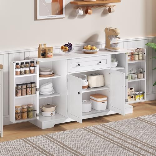 Goldicoo Köksbuffé 138 cm, vit, MDF, med låda och justerbara hyllor, modern design med tippskydd
