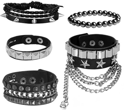 JININOSEU 5 Stück Nietenarmband, Unisex Punk Rock Besetztes Armband, Grunge Accessoires Emo Schmuck Nieten Armbänder, Schwarz Leder Gothic Armreif für Kostümparty Konzert