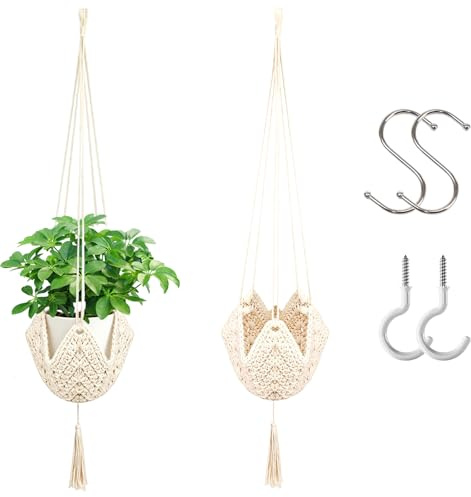 2er Set Makramee Blumenampel Hängend Innen, Boho Deko Makramee Hängeampel | Baumwollseil Blumentopf Hängend mit 4 Haken, Hängender Blumentopf 95cm für Garten, Balkon, Fenster, Wanddekoration