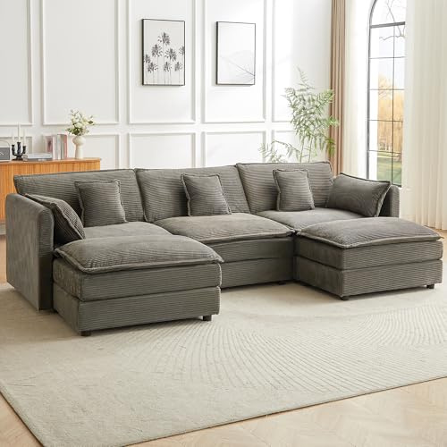 JIEXI Ecksofas Und Couchs, Ecksofa Mit Schlaffunktion, Modulares Ecksofa, Wohnlandschaft U Form, L Form Eckcouch, Für Couch Wohnzimmer Schlafzimmer Büro Wohnung (294 cm Grau Cord U-förmig)