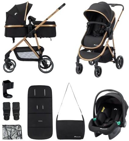 Bebeconfort Zaria Trio, Komplett 3-i-1 Resesystem, 0-22 kg, Svart/Guld | Barnvagn 3-i-1 Resesystem med Bilbarnstol, Från Födseln, 2-i-1 Omvändbar Justerbar Sitsenhet, 4-Hjulsfjädring, Korg 5 kg
