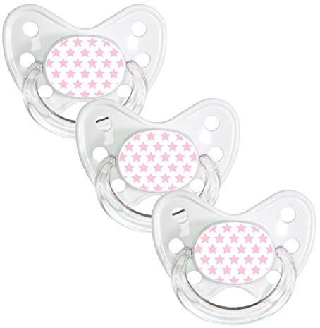Dentistar® Ortodontisk silikondummy – tandborste för baby – 3 mjuka nappar – storlek 2 för spädbarn – 6-14 månader – från de första framtänderna – tillverkad i Tyskland – BPA-fri – stjärnor rosa vit