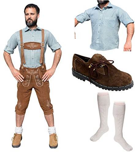 Traditionell herrdräkt set E 5-delad traditionell läderbyxa hellbrun 46-60 traditionell skjorta skor strumpor oktoberfest, Ljusbrun, En Storlek