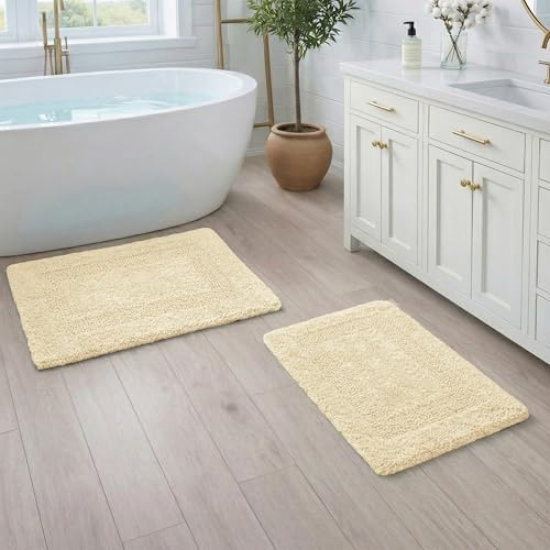 THE BEER VALLEY Bath Rugs Set 2 Piece Light Yellow Cotton Tufted Reversible Washable Bath Mats for Bathroom Floor| Quick Dry Mat for Tub Spa Shower Toilet| Entry Way Door Mats|21x32 & 17x24 Inches