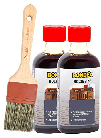Bondex Holzbeize inkl. Beizpinsel, Wasserbeize in 20 Farbtönen zur Auswahl (2x250ml, teak gelblich)
