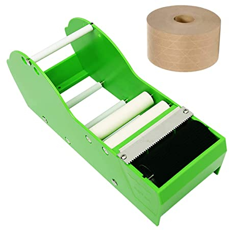 QILIMA Skrivbordsrosa vattenaktiverad tejpdispenser med förstärkt kraftpapper gummiband 4,88 cm x 55 meter för frakt, kartong och lådförsegling