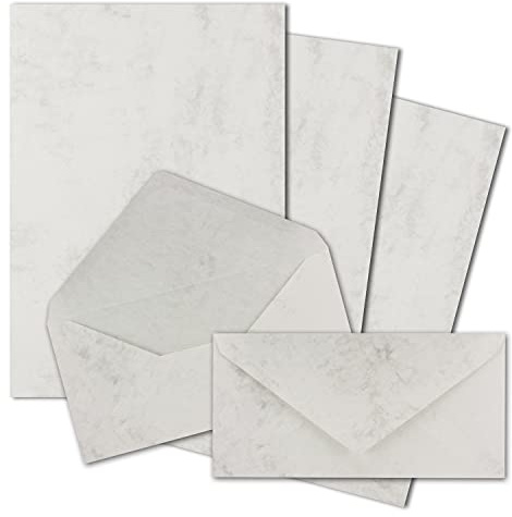150x Briefpapier Set DIN A4 mit DIN Lang Briefumschlägen, Nassklebung - Grau Marmoriert - mattes Schreibpapier mit Kuverts - FarbenFroh by GUSTAV NEUSER