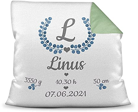 Kissen mit Füllung - mit Geburtsdaten personalisieren - Babygeschenk für Jungen, Geschenk zur Geburt oder Taufe, Geburtskissen, Namenskissen fürs Baby I Farbkissen Rückseite Grün, 40x40 cm