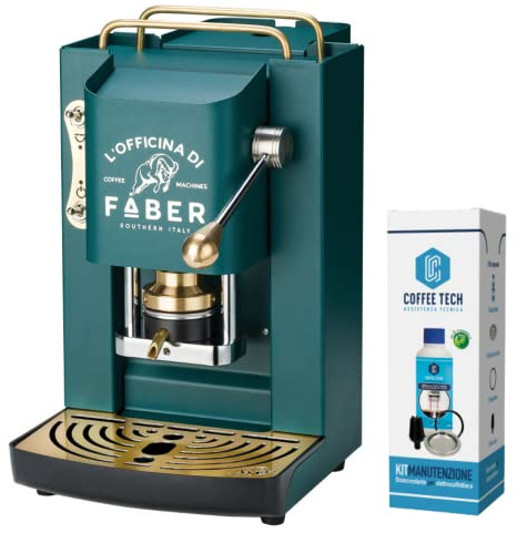 emozioni quotidiane Macchina caffè Faber PRO Deluxe con Rifiniture in Ottone a Cialde in Carta Ese 44 mm + Kit Manutenzione Decalcificante + 20 Cialde Caffe Omaggio (British Green)