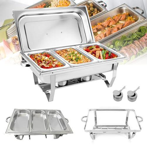 NaMaSyo Chafing Dish,Edelstahl Warmhaltebehälter,Speisenwärmer, Edelstahl Speisenwärmer Behälter,Wärmebehälter für Catering, Buffet und Party,55.7x34x38.3cm(FÜR 3 PFANNEN)