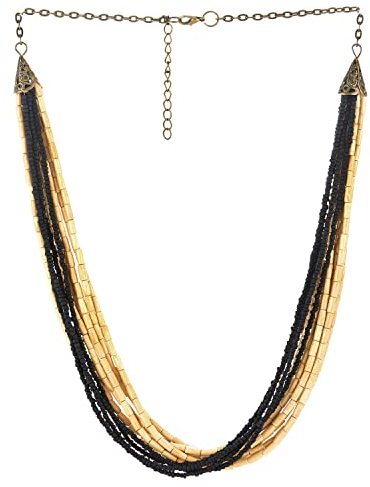 COOLSTEELANDBEYOND Statement Declaración Collar Multi-Hilo Negro Beige Madera Perla Encantado con Colgantes Fiesta Vestir Boho Etnico