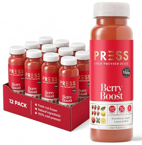 PRESS Healthfoods Berry Boost Cold Pressed Strawberry Juice 12 x 250ml | Vitamin C Rich Healthy Drinks | Vegan Gluten Free Refined Sugar Free Fruit Juice | Fresh Apple Lemon Mint Breakfast Juice