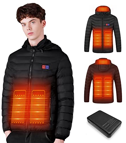 Giacca Riscaldato con Cappuccio, Giacca invernale Uomo Calda con 3 Livelli di Riscaldamento, Porta di ricarica USB, Cappotti Impermeabile per Il Lavoro All'aperto Sci Pesca Equitazione Moto(Nero,L)