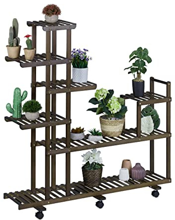 Relaxdays Pflanzenregal, Blumenständer mit 7 Ablagen, Bambus, HxBxT 127 x 120 x 36 cm, rollbar, Blumenregal innen, braun