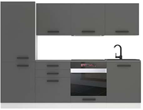 Belini Küchenzeile Küchenblock Sandy - Küchenmöbel 240 cm Einbauküche Vollausstattung ohne Elektrogeräten mit Hängeschränke und Unterschränke, mit Arbeitsplatten, Silber matt