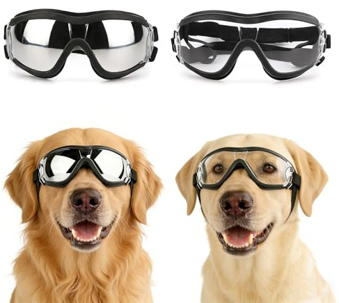 Dog Goggles for Large Breed, 2PCS UV Protection Dog Sunglasses with Adjustable Straps, Windproof Pet Eyewear for Medium to Large Pets, Black & Clear L