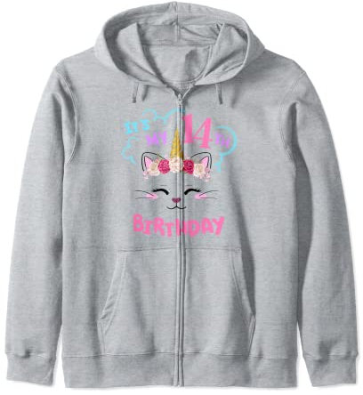14. Geburtstag Mädchen Outfit Katzen Einhorn Rosenkranz Kranz Kapuzenjacke