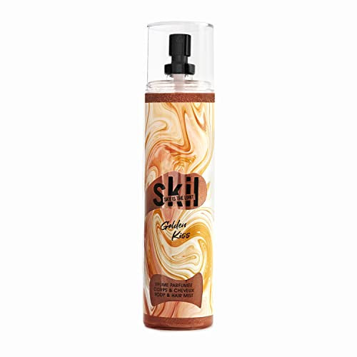 SKIL - Brume Parfumée Paillettée Femme Golden Kiss - Collection Toxic Love - Parfum Fleur de Tiaré Coco - Flacon Vaporisateur 250 ml - Fabriqué en France à Grasse