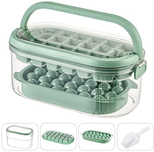 Umiblu Ghiaccio Stampo,Set Di Contenitori Con Coperchio, Ice Box Con Una Scatola Per Contenere 2 Stampi E Un Mestolo, Plastica, Quadrato (Verde salvia)