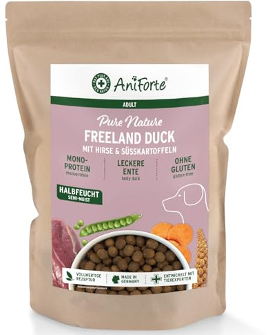 AniForte Ente Trockenfutter für Hunde 2kg – Leckere Ente mit Hirse, Süßkartoffeln & Kräutern, Vitamine für Hunde, Halbfeuchtes Trockenfutter, Hundefutter trocken glutenfrei für Allergiker