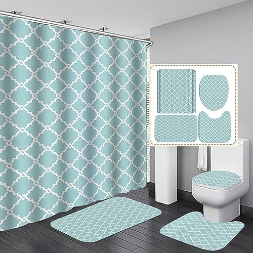 Bath Mat Duck Egg Blue Bath Mat 4-Piece Set Washable, Polyester Shower Curtains Mould Proof Resistant+Toilet Mat+U Bathroom Mat+Door Mat Non Slip(45x75)