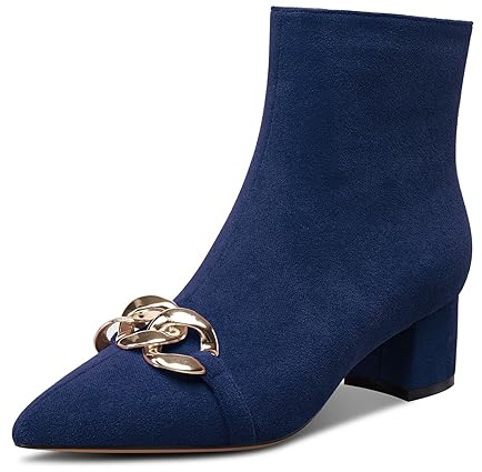 Castamere Mujer Chunky Ancho Medio Heel Puntiaguada Punta Botines Cremallera Cadena Metálica Baile Dress 5 CM Heels Azul Marino 35 EU