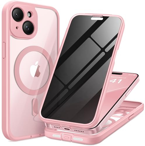 TIESZEN for iPhone 15 Case, Compatible with MagSafe, Pink | Built-in Privacy Screen Protector, Full Camera Protection，Full Body Dustproof Shockproof Hard Magnetic Phone Case 6.1