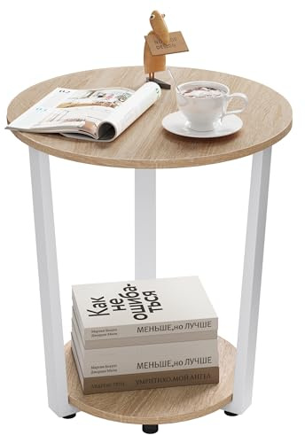 WOLTU Mesa de Centro Redonda, Mesilla de Noche para Salón Cafetería Balcón Dormitorio, Mesa Auxiliar con 2 Estantes, Mesita Auxiliar de Sofá, Estilo Vintage, Marco de Metal, Roble Claro