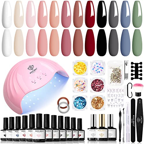 modelones Kit Ongle Gel Uv Complet, Kit Vernis Semi Permanent -Lampe Uv Ongles Gel 48W-12 Couleurs Rose Blanc Rouge Vernis à Ongles -Base Top Coat-Strass Décor Kit Manucure Salon DIY Home Nageldesign